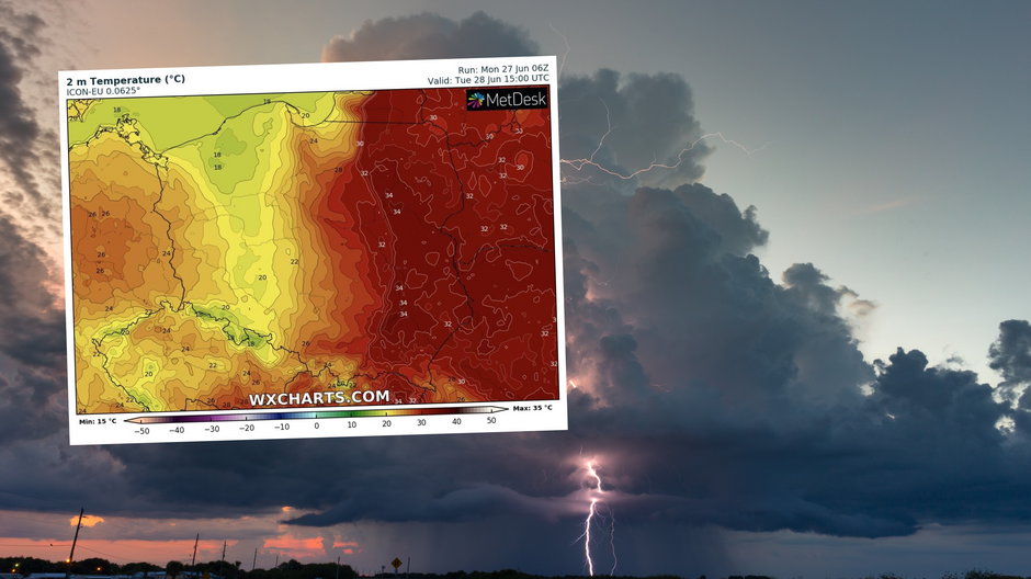 We wtorek nie wszędzie będzie upalnie. Pojawi się więcej burz (mapa: wxcharts.com)