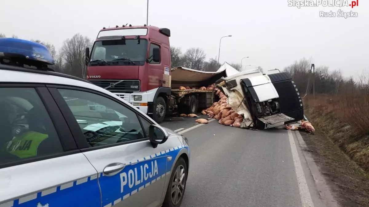 Wypadek ciężarówki z naczepą chłodnią