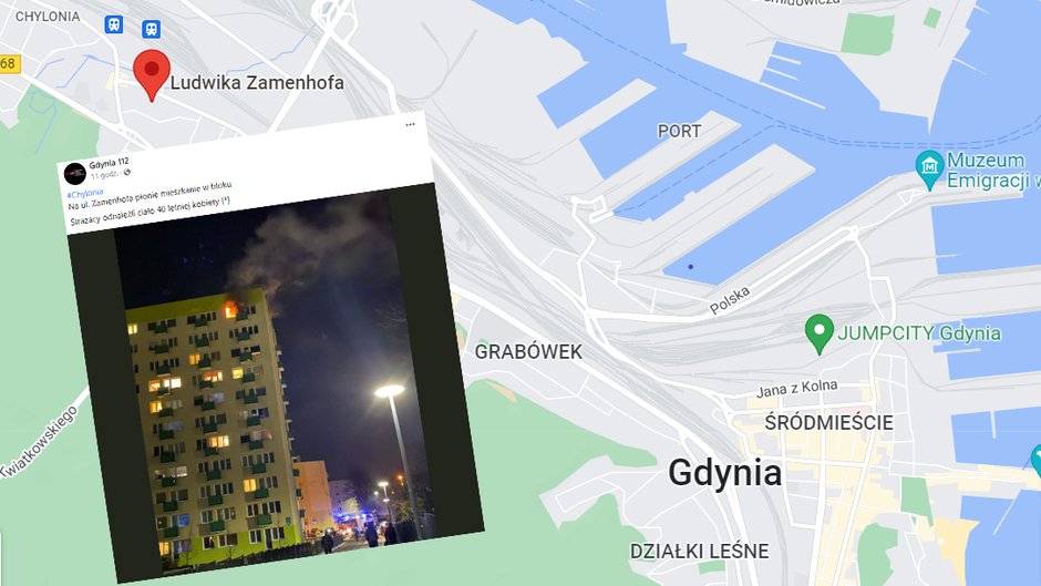 Pożar w Gdyni na ul. Zamenhofa (screen: Facebook/gdynia.112)