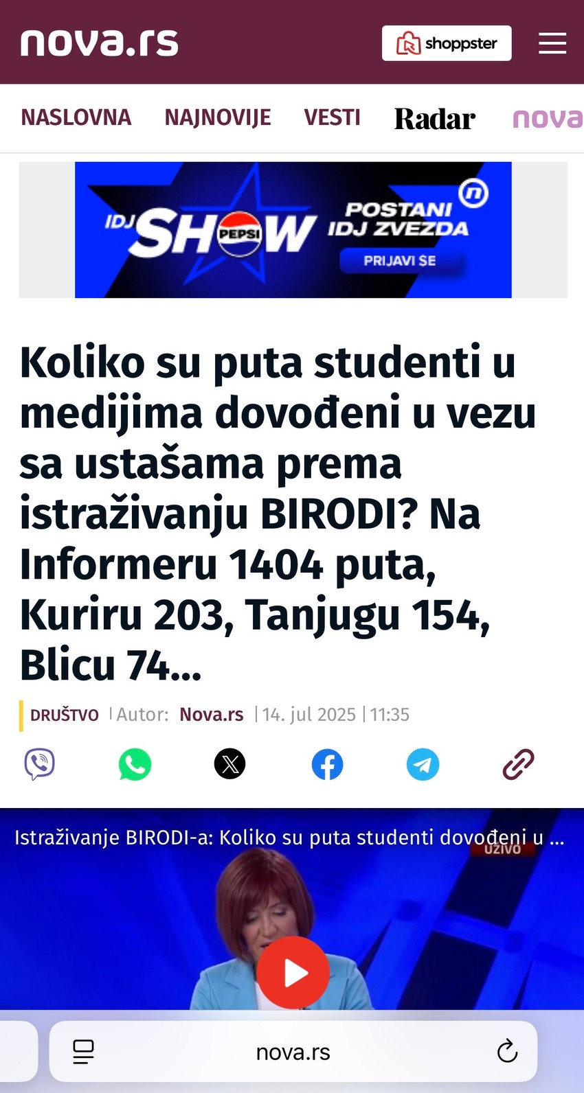 Lažna vest na sajtu Nova.rs