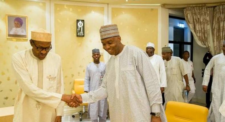 Senate President, Bukola Saraki with President Muhammadu Buhari during a meeting at the Presidential Villa on April 26, 2016.