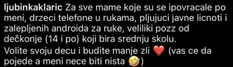 Ljubinka Klarić, objava na Instagramu