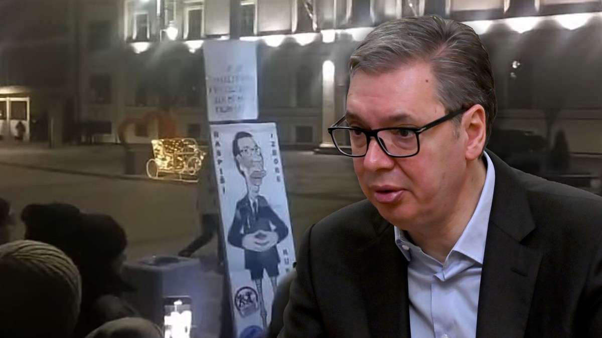 Protest u Čačku gađanje karikature sa Vučićevim likom