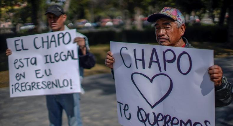 People demonstrate in favor of Joaquin El Chapo Guzman outside the Mexican foreign ministry