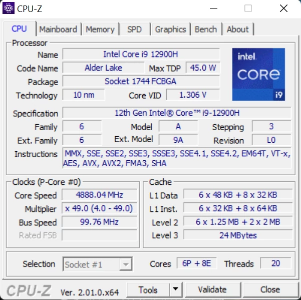 Asus ROG Zephyrus M16 (GU603ZW) – CPU-Z – specyfikacja Intel Core i9-12900H