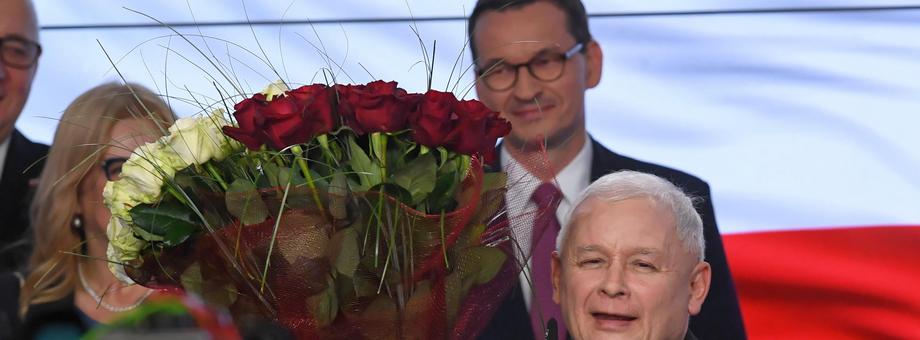  Prezes PiS Jarosław Kaczyński i premier Mateusz Morawiecki po ogłoszeniu wyników exit poll