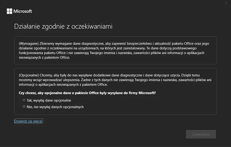 Dane zbierane przez Microsoft w pakiecie Office