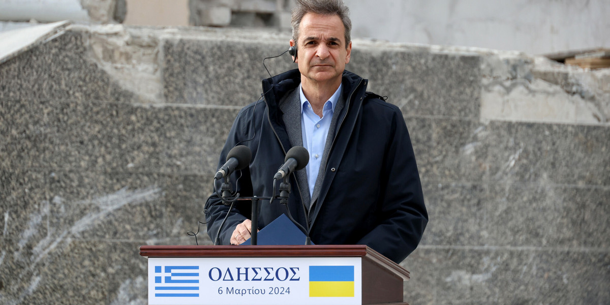 Premier Grecji Kyriakos Micotakis podczas wizyty w Ukrainie. 6 marca 2024 r.