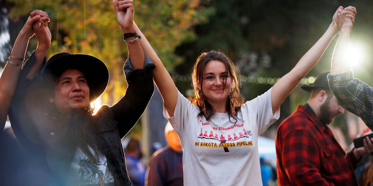 Actress Shailene Woodley with Lehi Thundervoice Eagle Sanchez at a Los Angeles rally in solidarity with protests of the pipeline in North Dakota.