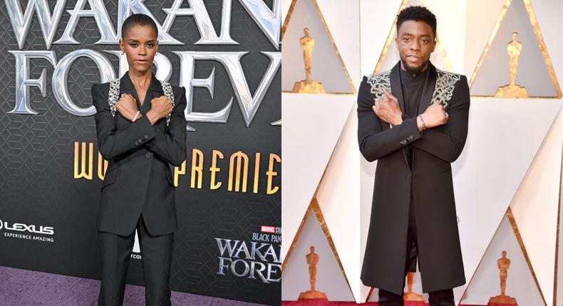Letitia Wright at the Black Panther 2: Wakanda Forever premiere in Los Angeles on October 26 and Chadwick Boseman in 2018.Axelle/Bauer-Griffin/FilmMagic, Kevin Mazur/WireImage