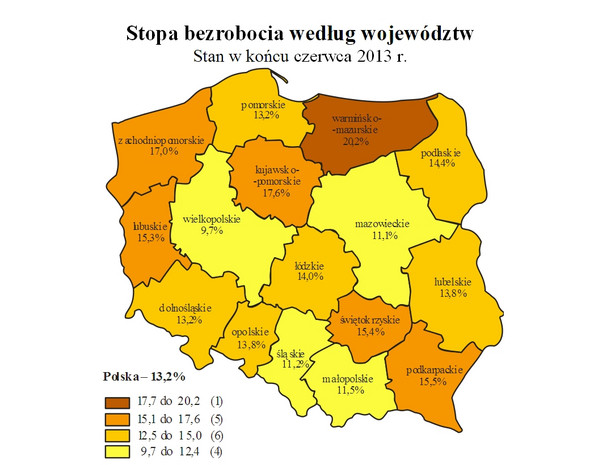 Stopa bezrobocia w Polsce w czerwcu 2013. Źródło: GUS