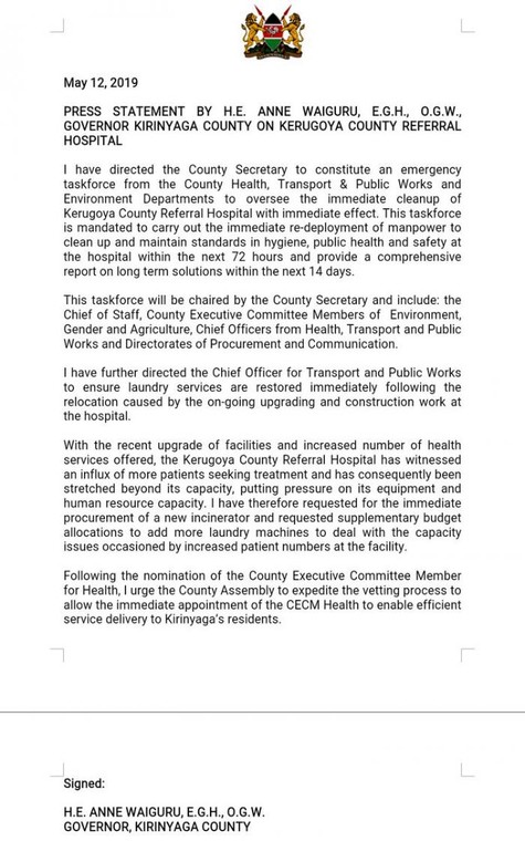 Statement on the state of Kerugoya County Referral Hospital 