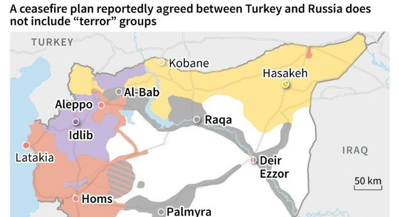 Map of Syria showing which fighting force controls which area, following reports of a ceasefire