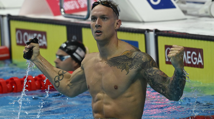 Caeleb Dressel a férfi 50 méteres pillangóúszás döntője után a vizes világbajnokságon a Duna Arénában. A további versenyektől visszalépett / Fotó: MTI/Kovács Tamás