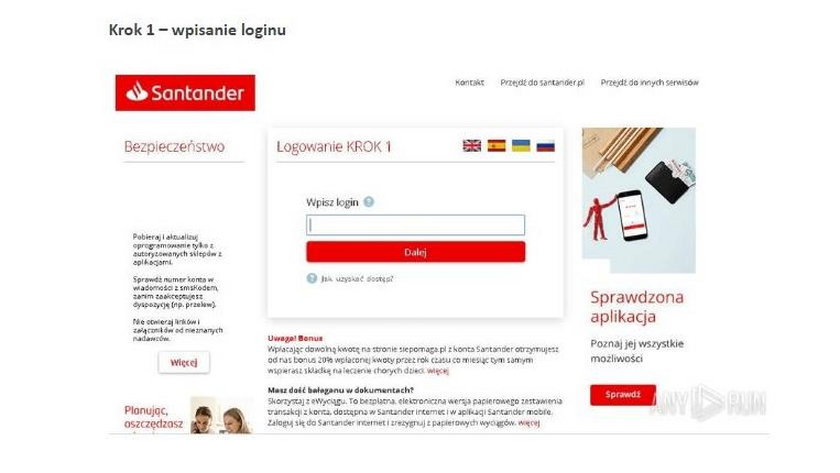 Strona oszustów podszywających się pod bank Santander