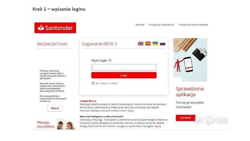 Strona oszustów podszywających się pod bank Santander