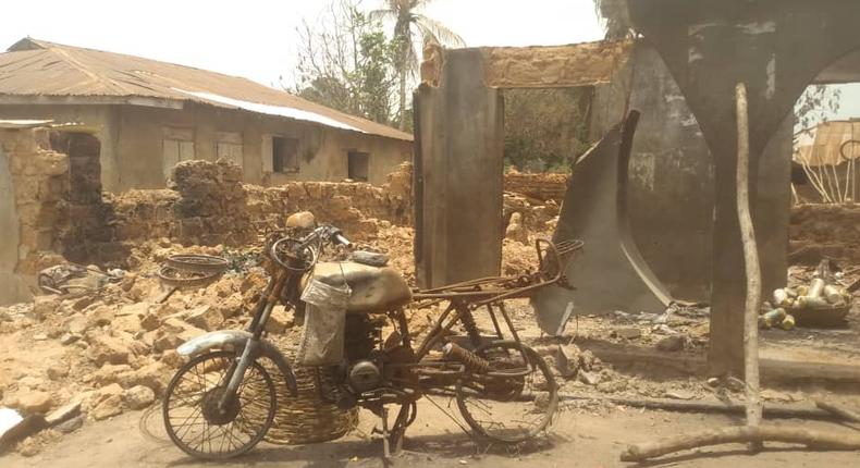 The skeletons of some of the properties destroyed by herdsmen in Asa, an agrarian community that shares borders with Benin Republic. (Pulse)