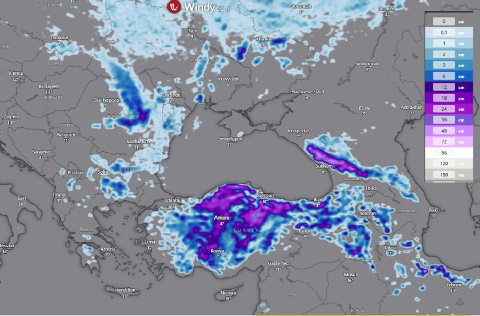 Neka područja bi mogla da dobiju čak i više od 30 cm svežeg snega u prvim danima maja, sa uticajem snežnih padavina izazvanih efektom Crnog mora nakon dubokog površinskog minimuma