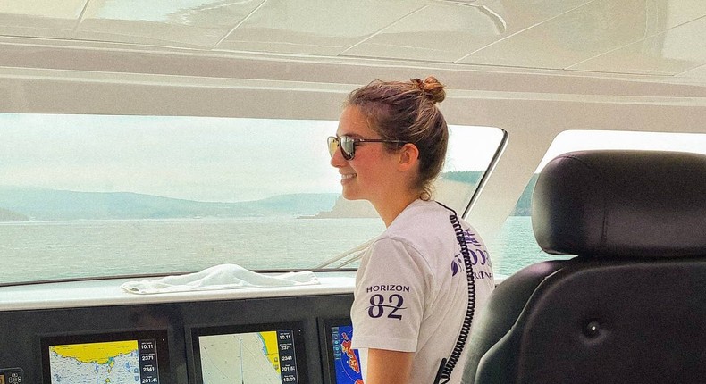 Wallerich sitting in captain's bridge, where the yacht is controlled by the captain.Emery Wallerich