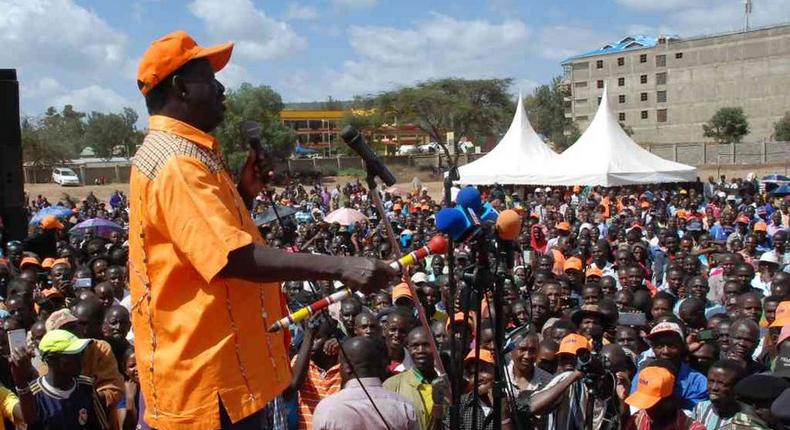 Nasa leader Raila Odinga addresses a crowd at Kenyatta stadium in Maralal town in February 2017.