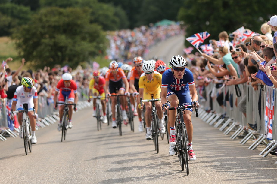 Van Garderen leading the breakaway during the men's road race at the London 2012 Olympic Games on July 28, 2012.