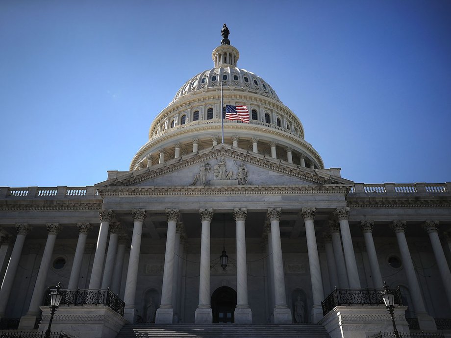 An American flag flies at half-staff at the U.S. Capitol, on October 2, 2017 in Washington, DC.