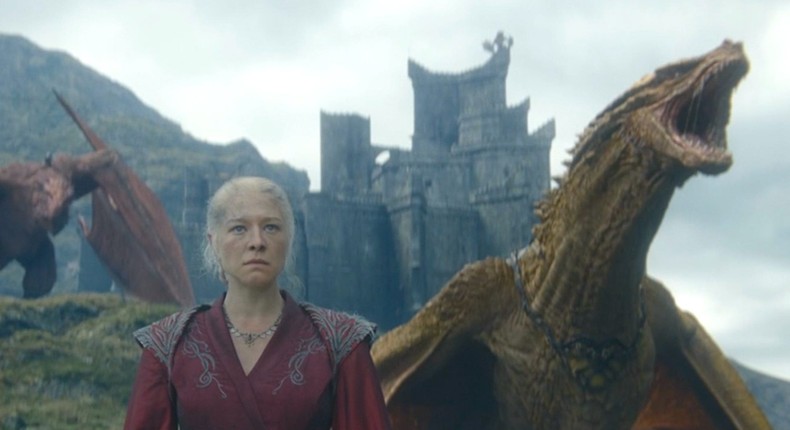 Rhaenyra Targaryen (Emma D'Arcy), Vermithor, and Syrax in House of the Dragon.HBO