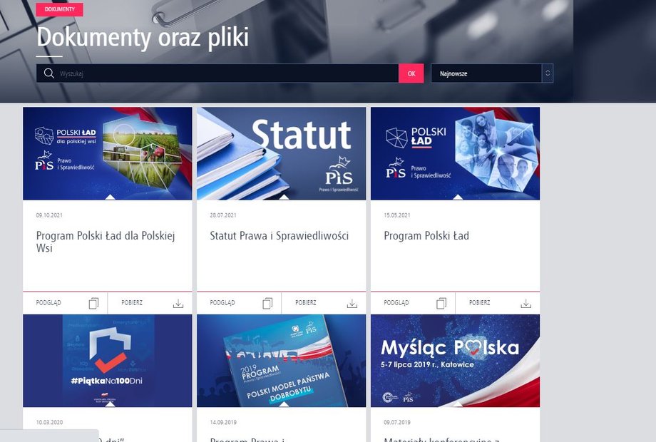 Dokumenty na stronie internetowej PiS. Aktualnego programu – brak