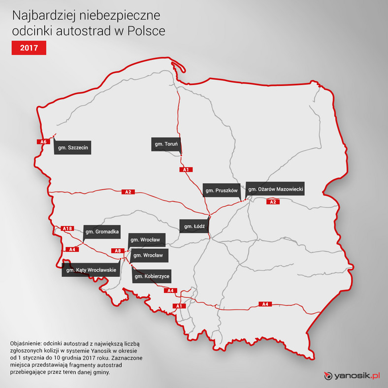 Najbardziej niebezpieczne odcinki autostrad w Polsce w 2017 roku