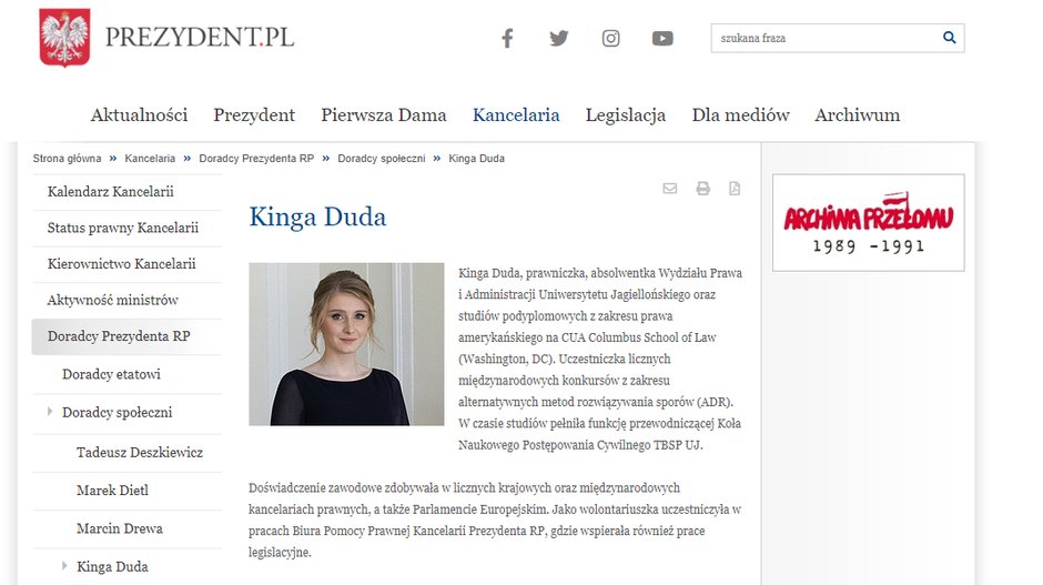 Profil Kingi Dudy na stronie internetowej Prezydenta RP