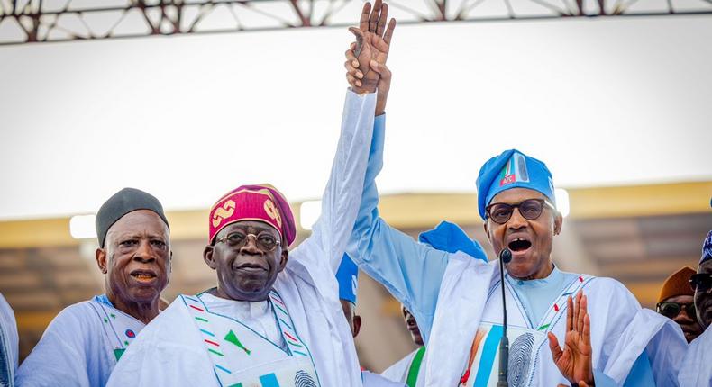 President Muhammadu Buhari (right) will hand over office to Bola Tinubu (middle) on May 29, 2023, as constitutionally required [Twitter/@officialABAT]