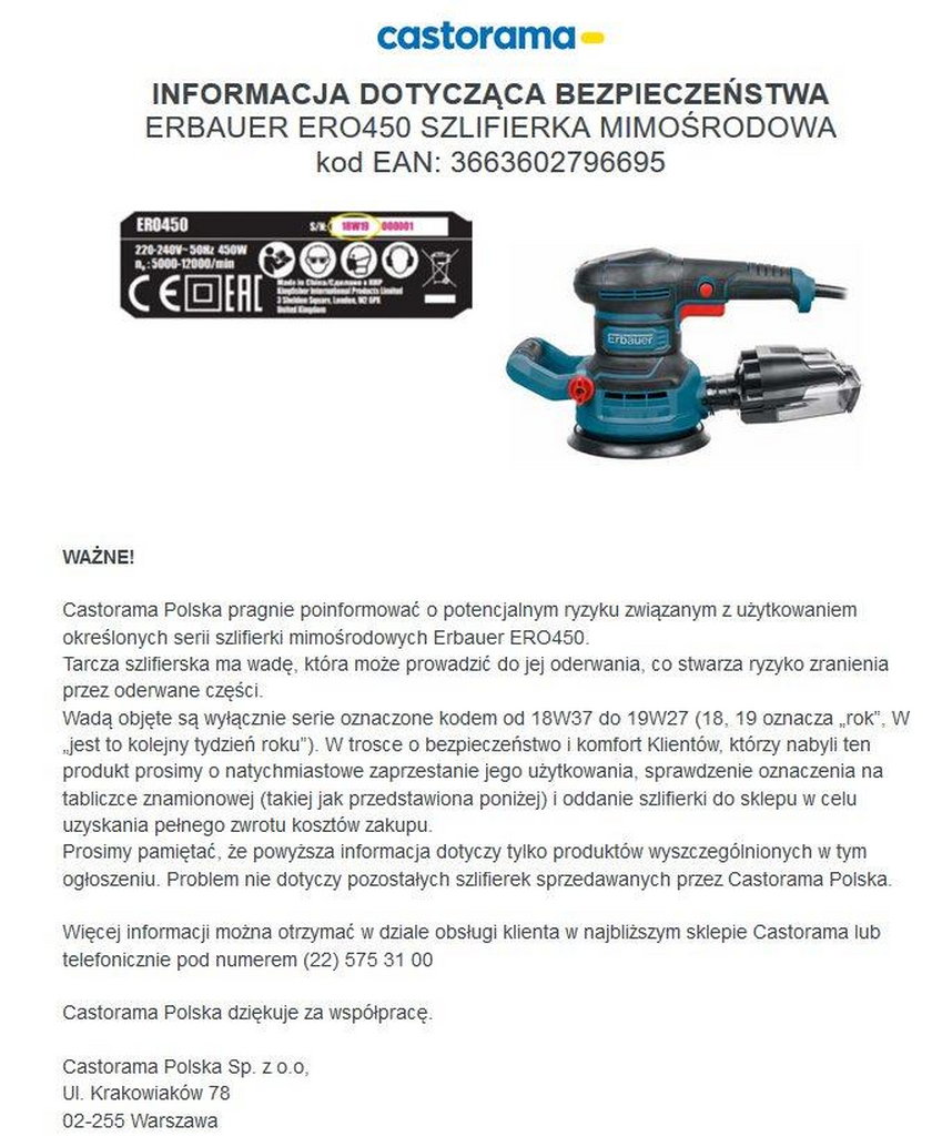 Castorama Polska wydała oświadczenie o potencjalnym ryzyku związanym z użytkowaniem określonych serii szlifierki mimośrodowych Erbauer ERO450