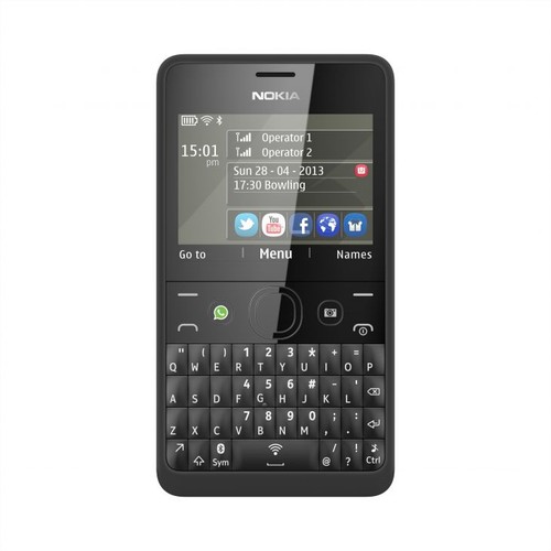 Nokia Asha 210
<br><br>
Ekran:  TFTm 2,4 cala
<br>
Pamięć: 10 MB pamięci flash +Slot na kartę microSDHC (do 32 GB)
<br>
Aparat: 2mpx
<br>
Komunikacja: Bluetooth 2.0+EDR, GPRS, EDGE
<br>
Wymiary: 111,5 x 60 x 11,8 milimetra
<br>
Waga: 99,5 grama (z akumulatorem)
<br>
Dodatki: przycisk WhatsApp i Nokia Slam