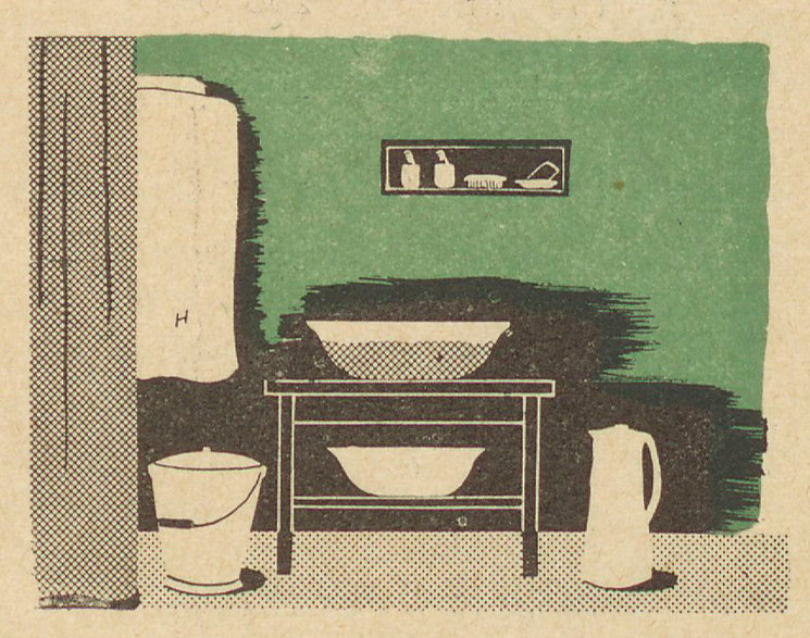 Domowy kąt do mycia się. Ilustracja z wydanej w 1938 r. książki "Kąp się. Dlaczego, gdzie, jak?".