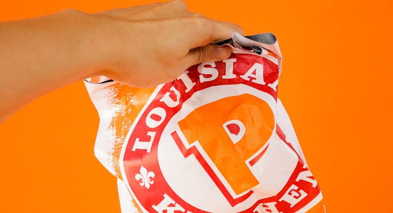 Popeyes chicken sandwich in wrapper