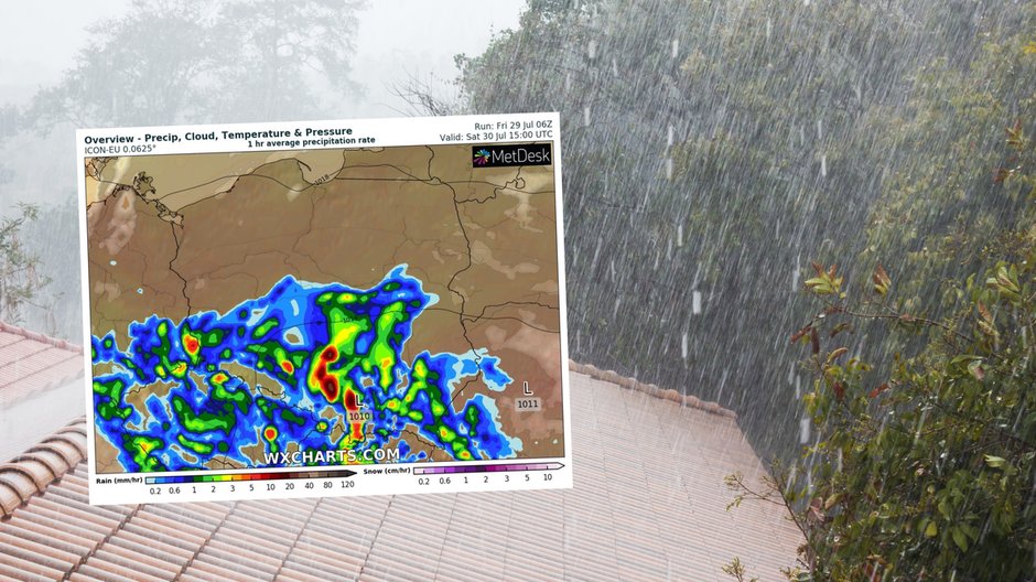 Sobota przyniesie ulewy, ale nie w całym kraju (mapa: wxcharts.com)