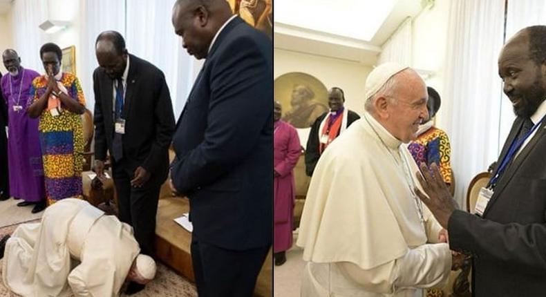 Pope Francis surprises Sudanese leaders as he kneels down to kiss their feet (photos)