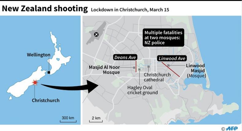 Map of Christchurch, New Zealand, showing Deans Ave and Linwood Ave where NZ police have reported 'multiple fatalities' at two mosques