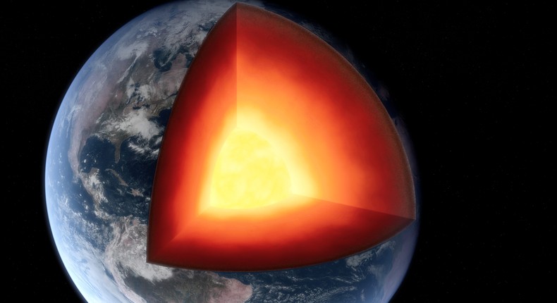 A 3D rendering of the Earth's layers, including its inner core.Getty Images