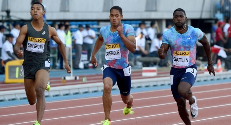 Us sprinter Justin Gatlin (right) in action during the Golden Grand Prix in Kawasaki, on May 21, 2017