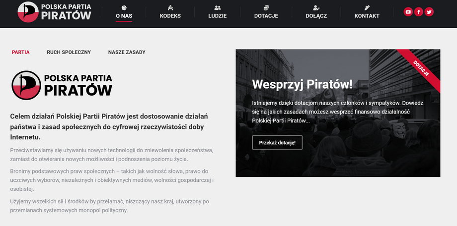 Strona internetowa Polskiej Partii Piratów