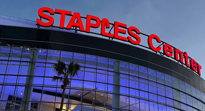 The Staples Center exterior in Los Angeles in November 2021