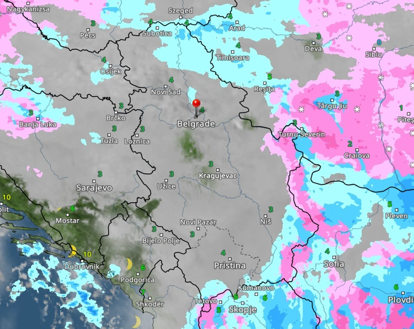 Kretanje padavina u Srbiji u 21 čas