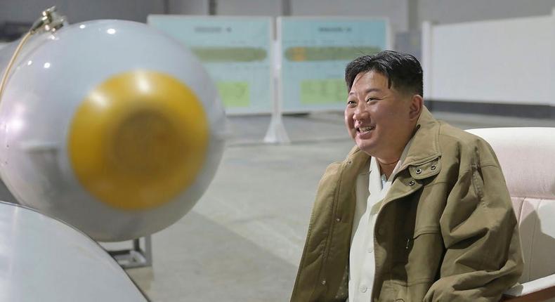 n this undated photo provided by the North Korean government, North Korean leader Kim Jong Un inspects what it says unmanned underwater nuclear attack craft Haeil which was tested during exercises held on March 21 - 23, 2023 in North Korea.Korean Central News Agency/Korea News Service via AP