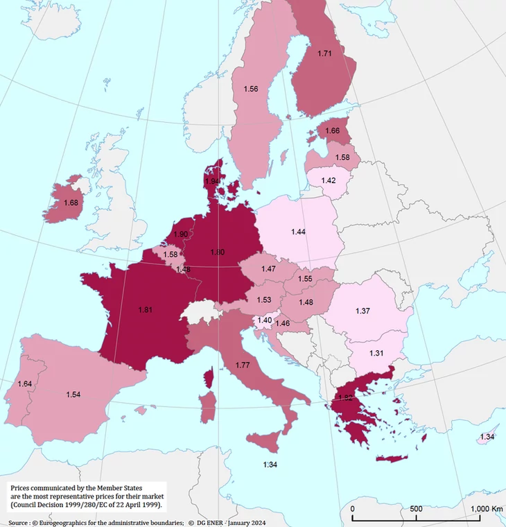 Ceny benzyny w krajach UE, stan na 8 stycznia 2024 r.