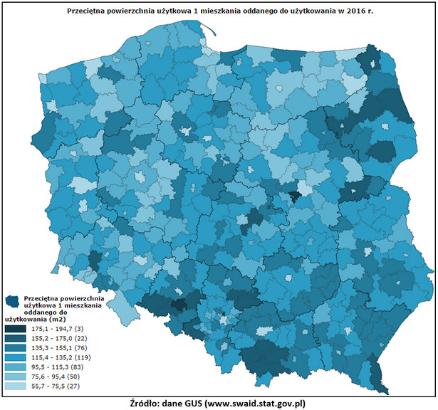 Przeciętna powierzchnia użytkowa mieszkania oddanego do użytku w 2016 roku