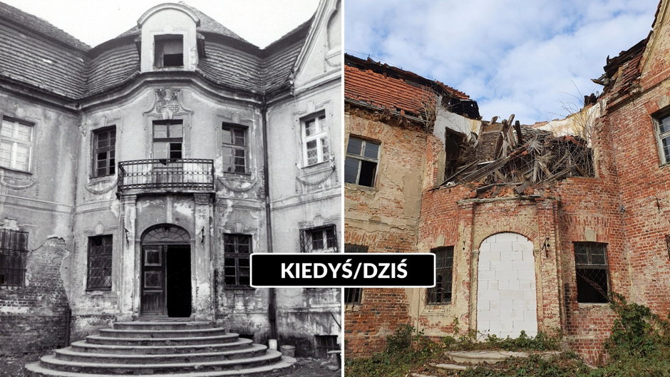 Pałac w Ciepielowicach. Porównanie stanu łącznika między skrzydłami pałacu w latach 80. i dziś