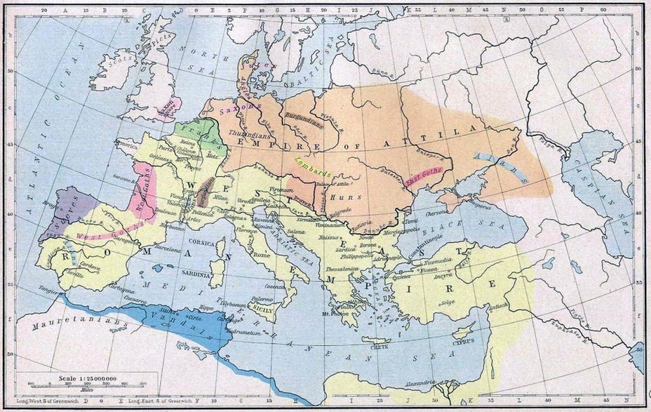 Cesarstwo rzymskie i imperium Attyli ok. 450 r. (źródło - W. R. Shepherd, Historical Atlas, Henry Holt and Company, New York 1923, domena publiczna)