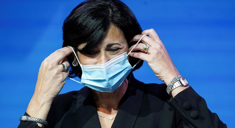 Rochelle Walensky removes her mask to speak during a news conference in Wilmington, Delaware, on December 8, 2020.
