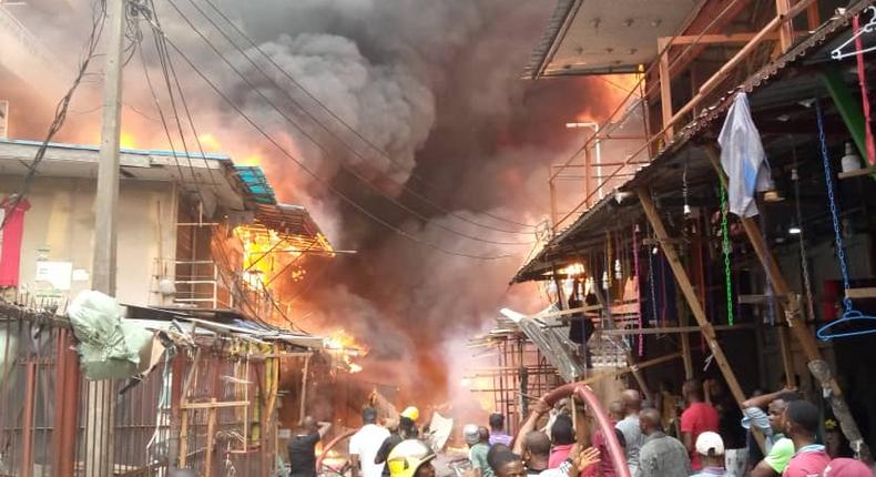 Fire outbreak at Balogun market again.[Gboyega Akosile/Twitter]